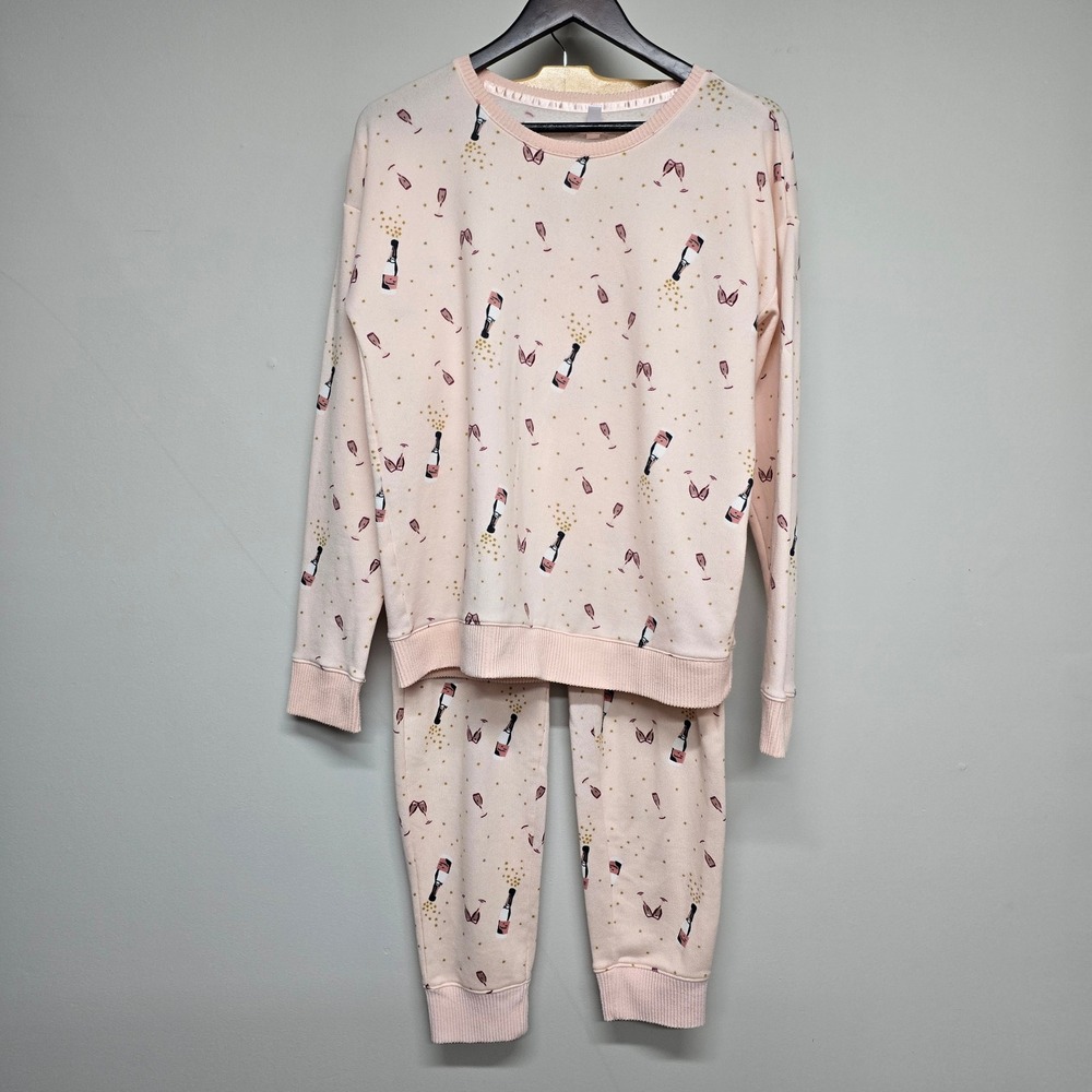 LC Lauren Conrad Pajama Set Women M Pink Champagne Fleece Loungewear Festive